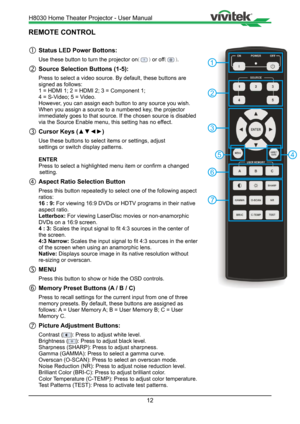 Page 1212
REMOTE CONTROL
	Status LED Power Bottons:
Use these button to turn the projector on(l) or off
().
	Source Selection Buttons (1-5):
Press to select a video source. By default, these buttons are        
  signed as follows: 
1 = HDMI 1; 2 = HDMI 2; 3 = Component 1; 
4 = S-Video; 5 = Video.
However, you can assign each button to any source you wish.
When you assign a source to a numbered key, the projector    
  immediately goes to that source. If the chosen source is disabled  
  via the Source Enable...