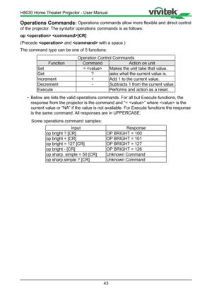 Page 4343
Operations Commands: Operations commands allow more flexible and direct control 
of the projector. The syntafor operations commands is as follows:
op  [CR]
(Precede    and   with a space.)
The command type can be one of 5 functions:
Operation Control Commands
Function Command Action on unit
Set = Makes the unit take that value.
Get ?asks what the current value is.
Increment +Add 1 to the current value.
Decrement -Subtracts 1 from the current value.
Execute Performs and action as a reset.
•  Below are...