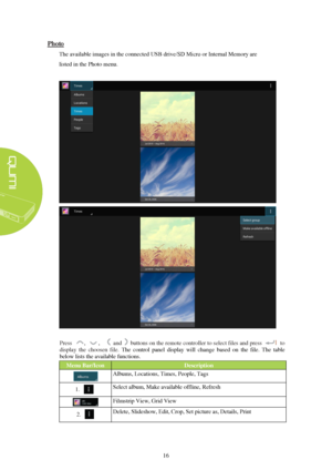 Page 2216 Photo
  The available images 
in the connected USB drive/SD Micro or  Internal Memory  are
listed in the Photo menu.  Press
 ,  ,   and buttons on the remote controller to select files and press   to 
di

splay  the choosen  
file. The  control  panel display  will change  based  on  the file.  The table 
below lists the available functions.  Menu  B ar/Icon   Description  
Albums, Locations, Times, People, Tags  
1.  Select   album,  Make available  offline, Refresh  
Filmstrip View, Grid View  
2....