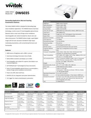 Page 1 
© Copyright 2011 Vivitek Corporation.  DLP® and the DLP logo are registered trademarks of Texas Instruments.  All specifications are subject to change at any time.  
 
 
 
 
 
 
 
 
 
   
LARGE VENUE 
PROJECTOR DW6035 
Demanding Applications Warrant Exacting 
Presentation Solutions 
 
The Vivitek DW6035 WXGA is designed for demanding large 
venue installation applications. The DW6035 features dual-lamp 
technology, as well as seven (7) interchangeable optional lenses 
(Bayonet style) to meet most all...