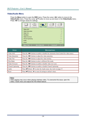 Page 34
DLP Projector—User’s Manual 
– 26 – 
Video/Audio Menu  
Press the  Menu button to open the  OSD menu. Press the cursor  ◄► button to move to the  
Video/Audio  menu. Press the cursor  ▲▼ button to move up and down in the  Video/Audio menu. 
Press  ◄► to change values for settings. 
 
ITEM DESCRIPTION 
Video AGC  Press the  ◄► buttons to enable or disable the Automatic Gain Control for video source. 
Video Saturation  Press the  ◄► buttons to adjust the video saturation. 
Video Tint  Press the  ◄►...