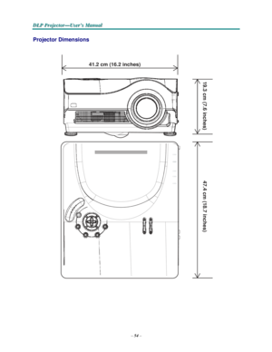 Page 64–54–
D D
DLLLPPP PPPr r
r
o o
ojjjeeec c
c
ttto o
o
r r
r
— —
—
UUUs s
seeer r
r
’’’s s
s M M
M
a a
a
n n
n
u u
u
a a
al l
l
   
  
 
 
19.3
 cm
 (7.6inches)47.4cm(18.7
 inches)
 
 
Projector Dimensions 
  
 
 
 
41.2 cm (16.2 inches)  