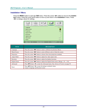 Page 41
DLP Projector—User’s Manual 
– 34 – 
Installation I Menu  
Press the  MENU
 button to open the  OSD
 menu. Press the cursor  ◄► button to move to the  Installa-
tion I  menu. Press the cursor  ▲▼ button to move up and down in the  Installation I
 menu. Press 
◄►  to change values for settings. 
 
ITEM DESCRIPTION 
Language Press the cursor  ◄► button to select a different localization Menu. 
Blank Screen  Press the cursor  ◄► button to select different color to blank the screen. 
Projection Press the...