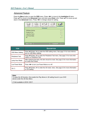 Page 38Downloaded from www.Manualslib.com manuals search engine 
D
D
D L
L
L P
P
P  
 
  P
P
P r
r
r o
o
o j
j
j e
e
e c
c
c t
t
t o
o
o r
r
r —
—
— U
U
U s
s
s e
e
e r
r
r ’
’
’ s
s
s  
 
  M
M
M a
a
a n
n
n u
u
u a
a
a l
l
l  
 
 
Advanced Feature 
Press the Menu button to open the  OSD menu. Press  ◄► to move to the  Installation II menu. 
Press  ▲▼ to move to the  Advanced menu and then press  Enter or ►. Press  ▲▼ to move up and 
down in the  Advanced menu. Press  ◄► to change values for setting. 
 
ITEM...