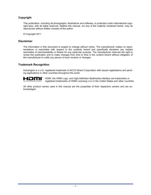 Page 2Downloaded from www.Manualslib.com manuals search engine 
Copyright  
This publication, including all photographs, illustrations and software, is protected under international copy-
right laws, with all rights reserved. Neither this man ual, nor any of the material contained herein, may be 
reproduced without written consent of the author. 
© Copyright 2011 
Disclaimer 
The information in this document is subject to change without notice. The manufacturer makes no repre-
sentations or warranties with...