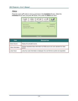 Page 42Downloaded from www.Manualslib.com manuals search engine 
D
D
D L
L
L P
P
P  
 
  P
P
P r
r
r o
o
o j
j
j e
e
e c
c
c t
t
t o
o
o r
r
r —
—
— U
U
U s
s
s e
e
e r
r
r ’
’
’ s
s
s  
 
  M
M
M a
a
a n
n
n u
u
u a
a
a l
l
l  
 
 
Status 
Press the cursor ▲▼  button to move up and down in the  Installation II menu. Select the   
Installation II sub menu and press 
 (Enter) /  ► to enter the  Status sub menu.
 
 
ITEM DESCRIPTION 
Active Source Display the activated source. 
Video Information Displays...