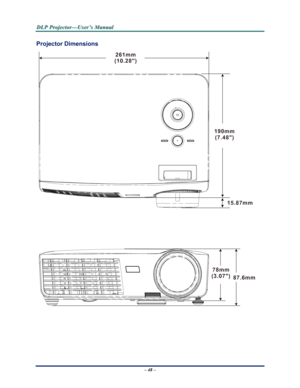 Page 56Downloaded from www.Manualslib.com manuals search engine 
D
D
D L
L
L P
P
P  
 
  P
P
P r
r
r o
o
o j
j
j e
e
e c
c
c t
t
t o
o
o r
r
r —
—
— U
U
U s
s
s e
e
e r
r
r ’
’
’ s
s
s  
 
  M
M
M a
a
a n
n
n u
u
u a
a
a l
l
l  
 
 
Projector Dimensions 
 
 
 
261mm
(10.28)
190mm(7.48)
78mm
(3.07) 15.87mm
87.6mm
 
 
 
 
– 48 –    