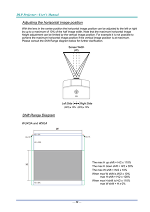 Page 29DLP Projector—User’s Manual 
Adjusting the horizontal image position 
With the lens in the center position the horizontal image position can be adjusted to the left or right 
by up to a maximum of 10% of the half image wi dth. Note that the maximum horizontal image 
height adjustment can be limited by the vertical image position. For example it is not possible to 
achieve the maximum horizontal image position if the vertical  image position is at maximum. 
Please consult the Shift Range diagram  below...