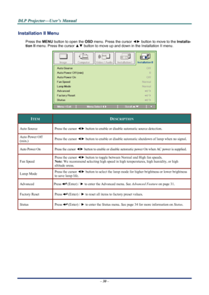 Page 37
D
D
D L
L
L P
P
P  
 
  P
P
P r
r
r o
o
o j
j
j e
e
e c
c
c t
t
t o
o
o r
r
r —
—
— U
U
U s
s
s e
e
e r
r
r ’
’
’ s
s
s  
 
  M
M
M a
a
a n
n
n u
u
u a
a
a l
l
l  
 
 
– 30 –  
Installation II Menu  
Press the  MENU button to open the  OSD menu. Press the cursor  ◄► button to move to the  Installa-
tion II  menu. Press the cursor  ▲▼ button to move up and down in the Installation II menu.  
 
ITEM DESCRIPTION 
Auto Source  Press the cursor  ◄► button to enable or disabl e automatic source detection....