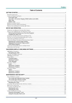 Page 8 P
P
P r
r
r e
e
e f
f
f a
a
a c
c
c e
e
e  
 
 
–  vii  – 
Table of Contents 
GETTING STARTED ........................................................................\
................................................................................... 1 
PACKING CHECKLIST........................................................................\
................................................................................... 1 
VIEWS OF PROJECTOR...