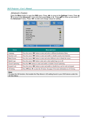 Page 32DLP Projector—User’s Manual 
Advanced 1 Feature 
Press the Menu button to open the OSD menu. Press  ◄► to move to the  Settings 1 menu. Press  ▲
▼ to move to the  Advanced 1 menu and then press  Enter or ►. Press  ▲▼ to move up and down in 
the  Advanced 1  menu. Press  ◄► to enter and change values for setting. 
 
ITEM DESCRIPTION 
Language  Press the cursor ◄► button to enter and select a different localization Menu. 
Security Lock   Press the cursor ◄► button to enter and enable or disable security...