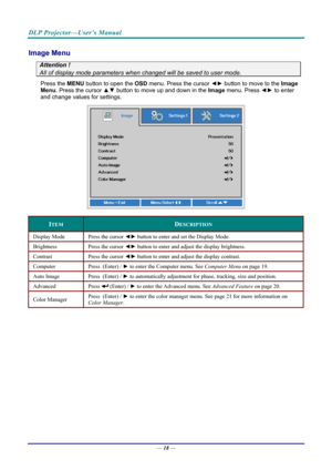 Page 26DLP Projector—User’s Manual 
Image Menu  
Attention !   
All of display mode parameters when changed will be saved to user mode.  
Press the MENU button to open the  OSD menu. Press the cursor  ◄► button to move to the  Image 
Menu. Press the cursor  ▲▼ button to move up and down in the  Image menu. Press  ◄► to enter 
and change values for settings. 
 
ITEM DESCRIPTION 
Display Mode  Press the cursor ◄► button to enter and set the Display Mode.  
Brightness  Press the cursor ◄► button to enter and...