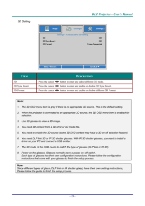 Page 33DLP Projector—User’s Manual 
3D Setting 
 
ITEM DESCRIPTION 
3D Press the cursor ◄► button to enter and select different 3D mode. 
3D Sync Invert  Press the cursor ◄► button to enter and enable or disable 3D Sync Invert. 
3D Format  Press the cursor ◄► button to enter and enable or disable different 3D Format.  
 
Note: 
1.  The 3D OSD menu item is gray if there is no appropriate 3D source. This is the default setting. 
2.  When the projector is connected to an appropria te 3D source, the 3D OSD menu...