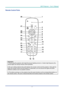 Page 14DLP Projector – User’s Manual 
 
 
Remote Control Parts 
 
 
Important: 
1.  Avoid using the projector with bright fluoresc ent lighting turned on. Certain high-frequency fluo-
rescent lights can disrupt remote control operation. 
 
2. Be sure nothing obstructs the path between the re mote control and the projector. If the path be-
tween the remote control and the projector is obstructed, you can bounce the signal off certain 
reflective surfaces such as projector screens. 
 
3. The buttons and keys on...