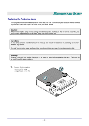 Page 36 – 30 – 
MAINTENANCE AND SECURITY 
Replacing the Projection Lamp 
The projection lamp should be replaced when it burns out. It should only be r eplaced with a certified 
replacement part, which you can order from your local dealer.  
 
Caution: 
When removing the lamp from a ceiling-mounted proj ector, make sure that no one is under the pro-
jector. Glass fragments could fall if the lamp has been burned out. 
 
Important: 
1. The lamp contains a certain am ount of mercury and should be dis posed of...