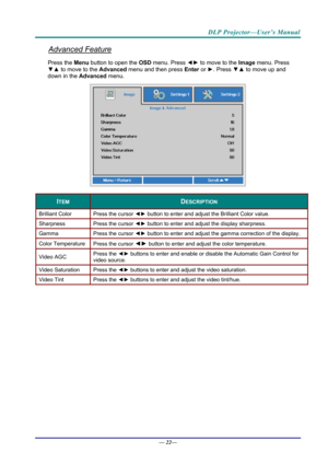 Page 30DLP Projector—User’s Manual 
Advanced Feature 
Press the Menu button to open the OSD menu. Press  ◄► to move to the  Image menu. Press 
▼▲  to move to the  Advanced menu and then press  Enter or ►. Press  ▼▲ to move up and 
down in the  Advanced menu. 
 
ITEM DESCRIPTION 
Brilliant Color  Press the cursor ◄► button to enter and adjust the Brilliant Color value. 
Sharpness  Press the cursor ◄► button to enter and adjust the display sharpness. 
Gamma  Press the cursor ◄► button to enter and adjust the...