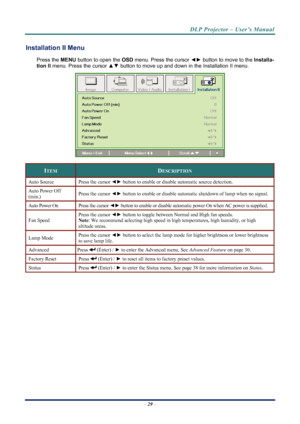Page 37
DLP Projector – User’s Manual 
 
 
Installation II Menu  
Press the MENU  button to open the  OSD menu. Press the cursor  ◄► button to move to the  Installa-
tion II  menu. Press the cursor  ▲▼ button to move up and down in the Installation II menu.  
 
ITEM DESCRIPTION 
Auto Source Press the cursor  ◄► button to enable or disabl e automatic source detection. 
Auto Power Off 
(min.) Press the cursor ◄► button to enable or disable automatic shutdown of lamp when no signal. 
Auto Power On Press the cursor...