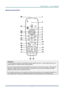 Page 13
DLP Projector – User’s Manual 
 
 
Remote Control Parts 
 
 
Important: 
1.  Avoid using the projector with bright fluoresc ent lighting turned on. Certain high-frequency fluo-
rescent lights can disrupt remote control operation. 
 
2. Be sure nothing obstructs the path between the re mote control and the projector. If the path be-
tween the remote control and the projector is obstructed, you can bounce the signal off certain 
reflective surfaces such as projector screens. 
 
3. The buttons and keys on...