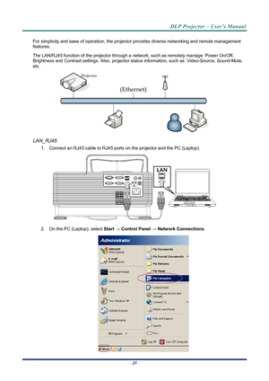 Page 43
DLP Projector – User’s Manual 
 
 
For simplicity and ease of operation, the projector provides diverse networking and remote management 
features. 
The LAN/RJ45 function of the pr ojector through a network, such as remotely manage: Power On/Off, 
Brightness and Contrast settings. Also, projector stat us information, such as: Video-Source, Sound-Mute, 
etc
. 
 
LAN_RJ45 
1.  Connect an RJ45 cable to RJ45 ports on the projector and the PC (Laptop). 
 
2.  On the PC (Laptop), select  Start → Control...