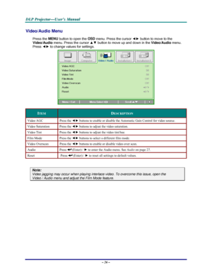 Page 32D D
D
L L
L
P P
P
   
 
P P
P
r r
r
o o
o
j j
j
e e
e
c c
c
t t
t
o o
o
r r
r
— —
—
U U
U
s s
s
e e
e
r r
r
’ ’
’
s s
s
   
 
M M
M
a a
a
n n
n
u u
u
a a
a
l l
l
   
 
– 26 – 
Video/Audio Menu  
Press the MENU
 button to open the OSD
 menu. Press the cursor ◄► button to move to the 
Video/Audio
 menu. Press the cursor ▲▼ button to move up and down in the Video/Audio
 menu. 
Press ◄► to change values for settings. 
 
ITEM DESCRIPTION 
Video AGC  Press the ◄► buttons to enable or disable the Automatic Gain...