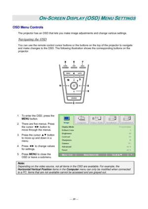 Page 25— 19 — 
ON-SCREEN DISPLAY (OSD) MENU SETTINGS 
OSD Menu Controls 
The projector has an OSD that lets you make image adjustments and change various settings.  
Navigating the OSD 
You can use the remote control cursor buttons or the buttons on the top of the projector to navigate 
and make changes to the OSD. The following illustration shows the corresponding buttons on the 
projector. 
 
 
 
1.  To enter the OSD, press the 
MENU button.  
2.  There are five menus. Press 
the cursor ◄► button to 
move...