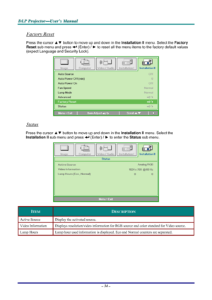 Page 40D D
D
L L
L
P P
P
   
 
P P
P
r r
r
o o
o
j j
j
e e
e
c c
c
t t
t
o o
o
r r
r
— —
—
U U
U
s s
s
e e
e
r r
r
’ ’
’
s s
s
   
 
M M
M
a a
a
n n
n
u u
u
a a
a
l l
l
   
 
– 34 – 
Factory Reset 
Press the cursor ▲▼ button to move up and down in the Installation II menu. Select the Factory 
Reset sub menu and press 
 (Enter) / ► to reset all the menu items to the factory default values 
(expect Language and Security Lock). 
 
Status 
Press the cursor ▲▼ button to move up and down in the Installation II menu....