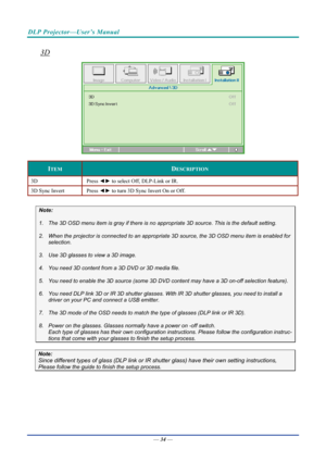 Page 44DLP Projector—User’s Manual 
3D 
 
ITEM DESCRIPTION 
3D Press ◄► to select Off, DLP-Link or IR. 
3D Sync Invert  Press ◄► to turn 3D Sync Invert On or Off. 
 
Note: 
1.  The 3D OSD menu item is gray if there is no  appropriate 3D source. This is the default setting. 
2.  When the projector is connected to an appropria te 3D source, the 3D OSD menu item is enabled for 
selection. 
3.  Use 3D glasses to view a 3D image. 
4.  You need 3D content from a 3D DVD or 3D media file. 
5. You need to enable the 3D...