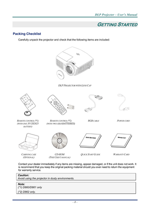 Page 8DLP Projector – User’s Manual 
– 1 –  
GETTING STARTED 
Packing Checklist 
Carefully unpack the projector and che ck that the following items are included:   
 
DLP PROJECTOR WITH LENS CAP 
    
 
   
 
R
EMOTE CONTROL (*1) 
(
WITH ONE 3V CR2025 
BATTERY
)  R
EMOTE CONTROL (*2) 
(
WITH TWO AAA BATTERIES)  RGB
 CABLE POWER CORD 
 
 
   
C
ARRYING CASE 
(O
PTIONAL)  CD-ROM
  
(T
HIS USER’S MANUAL)  Q
UICK START GUIDE WARRANTY CARD 
 
Contact your dealer immediately if any items are mi
ssing, appear...