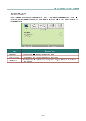 Page 34DLP Projector – User’s Manual 
Advanced Feature 
Press the Menu button to open the OSD menu. Press  ◄► to move to the  Image menu. Press  ▼▲ 
to move to the  Advanced menu and then press  Enter or ►. Press  ▼▲ to move up and down in the 
Advanced  menu. 
 
ITEM DESCRIPTION 
Color Space  
Press the cursor ◄► button to adjust the color space.  
Color Temperature  
Press the cursor ◄► button to adjust the color temperature.  
Color Manager   Press  (Enter) / 
► to enter the color manager menu. See page  28...