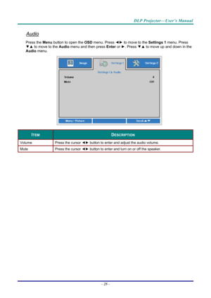 Page 34DLP Projector—User’s Manual 
Audio 
Press the Menu button to open the OSD menu. Press  ◄► to move to the  Settings 1 menu. Press 
▼▲  to move to the  Audio menu and then press Enter  or ►. Press  ▼▲ to move up and down in the 
Audio menu. 
 
ITEM DESCRIPTION 
Volume  Press the cursor ◄► button to enter and adjust the audio volume.  
Mute  Press the cursor ◄► button to enter and turn on or off the speaker. 
 
– 25  –  