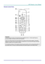 Page 16DLP Projector—User’s Manual 
Remote Control Parts  
 
Important: 
1. Avoid using the projector with bright fluore scent lighting turned on. Certain high-frequency 
fluorescent lights can disrupt remote control operation. 
 
2. Be sure nothing obstructs the path between the  remote control and the projector. If the path 
between the remote control and the  projector is obstructed, you can bounce the signal off certain 
reflective surfaces such  as projector screens. 
 
3. The buttons and keys on the...