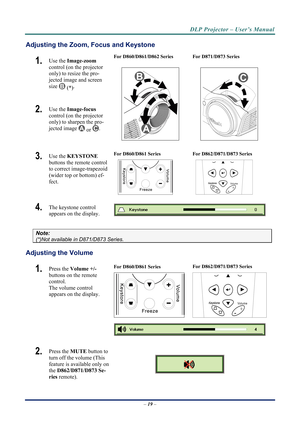 Page 27DLP Projector – User’s Manual 
Adjusting the Zoom, Focus and Keystone 
1.  Use the Image-zoom   
control (on the projector 
only) to resize the pro-
jected image and screen 
size 
 (*) . 
2.  Use the 
Image-focus   
control (on the projector 
only) to sharpen the pro-
jected image 
 or . 
For D860/D861/D862 Series 
  For D871/D873 Series  
3.  Use the 
KEYSTONE  
buttons the remote control 
to correct image-trapezoid 
(wider top or bottom) ef-
fect. For D860/D861 Series 
  For D862/D871/D873 Series...