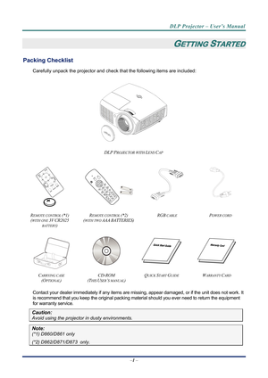 Page 9DLP Projector – User’s Manual 
–1  – 
GETTING STARTED 
Packing Checklist 
Carefully unpack the projector and che ck that the following items are included:   
 
DLP PROJECTOR WITH LENS CAP 
    
 
   
 
R
EMOTE CONTROL (*1) 
(
WITH ONE 3V CR2025 
BATTERY
)  R
EMOTE CONTROL (*2) 
(
WITH TWO AAA BATTERIES)  RGB
 CABLE POWER CORD 
 
 
   
C
ARRYING CASE 
(O
PTIONAL)  CD-ROM
  
(T
HIS USER’S MANUAL)  Q
UICK START GUIDE WARRANTY CARD 
 
Contact your dealer immediately if any items are mi
ssing, appear damaged,...