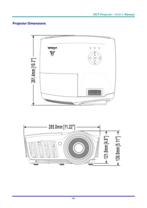 Page 70DLP Projector—User’s Manual 
Projector Dimensions 
 
 
TEMP POWER LAMP
 
–  61
  –  