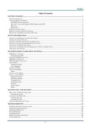 Page 4
 
 
  P
P
P r
r
r e
e
e f
f
f a
a
a c
c
c e
e
e  
 
 
–  v  – 
Table of Contents 
GETTING STARTED ........................................................................\
.................................................................................. 1 
PACKING CHECKLIST........................................................................\
................................................................................... 1 
VIEWS OF PROJECTOR...