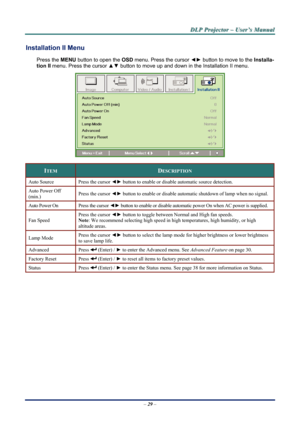 Page 34
D
D
D L
L
L P
P
P  
 
  P
P
P r
r
r o
o
o j
j
j e
e
e c
c
c t
t
t o
o
o r
r
r  
 
  –
–
–  
 
  U
U
U s
s
s e
e
e r
r
r ’
’
’ s
s
s  
 
  M
M
M a
a
a n
n
n u
u
u a
a
a l
l
l  
 
 
Installation II Menu  
Press the MENU  button to open the  OSD menu. Press the cursor  ◄► button to move to the  Installa-
tion II  menu. Press the cursor  ▲▼ button to move up and down in the Installation II menu.  
 
ITEM DESCRIPTION 
Auto Source Press the cursor  ◄► button to enable or disabl e automatic source detection....