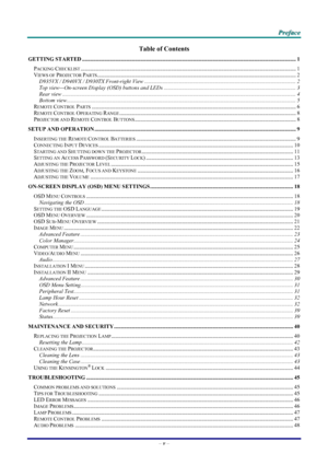 Page 5
   PPPrrreeefffaaaccceee   
Table of Contents 
GETTING STARTED........................................................................\
..................................................................................1 
PACKING CHECKLIST........................................................................\
...................................................................................1 
VIEWS OF PROJECTOR PARTS........................................................................\...