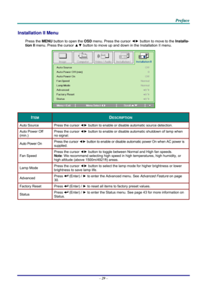 Page 38 
 
  P
P
P r
r
r e
e
e f
f
f a
a
a c
c
c e
e
e  
 
 
Installation II Menu  
Press the MENU  button to open the  OSD menu. Press the cursor  ◄► button to move to the  Installa-
tion II  menu. Press the cursor  ▲▼ button to move up and down in the Installation II menu.  
 
ITEM DESCRIPTION 
Auto Source  Press the cursor ◄► button to enable or disable automatic source detection. 
Auto Power Off 
(min.)  Press the cursor 
◄► button to enable or disable automatic shutdown of lamp when 
no signal.  
Auto...