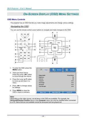 Page 26DLP Projector—User’s Manual 
— 18 — 
ON-SCREEN DISPLAY (OSD) MENU SETTINGS 
OSD Menu Controls 
The projector has an OSD that lets you ma ke image adjustments and change various settings.  
Navigating the OSD 
You can use the remote contro l cursor buttons to navigate and make changes to the OSD.  
 
1.  To enter the OSD, press the 
MENU button.  
2.  There are three menus.  Press the cursor ◄►  button 
to move through the menus.  
3. Press the cursor  ▲▼ button 
to move up and down in a 
menu.  
4. Press...