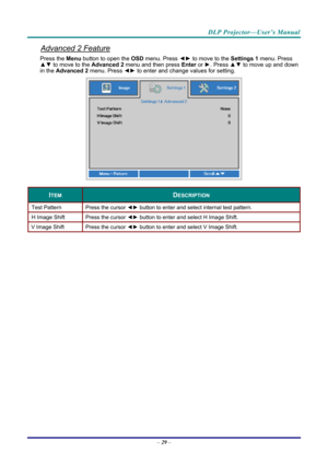 Page 37DLP Projector—User’s Manual 
Advanced 2 Feature 
Press the Menu button to open the OSD menu. Press  ◄► to move to the  Settings 1 menu. Press 
▲▼  to move to the  Advanced 2 menu and then press  Enter or ►. Press ▲▼ to move up and down 
in the  Advanced 2  menu. Press  ◄► to enter and change values for setting. 
 
ITEM DESCRIPTION 
Test Pattern  Press the cursor ◄► button to enter and select internal test pattern. 
H Image Shift  Press the cursor ◄► button to enter and select H Image Shift. 
V Image...