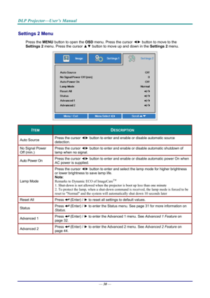 Page 38DLP Projector—User’s Manual 
Settings 2 Menu  
Press the MENU button to open the  OSD menu. Press the cursor  ◄► button to move to the 
Settings 2  menu. Press the cursor  ▲▼ button to move up and down in the  Settings 2 menu.  
 
ITEM DESCRIPTION 
Auto Source  Press the cursor 
◄► button to enter and enable or disable automatic source 
detection.  
No Signal Power 
Off (min.)  Press the cursor 
◄► button to enter and enable or disable automatic shutdown of 
lamp when no signal.  
Auto Power On  Press...