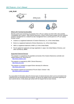 Page 42DLP Projector—User’s Manual 
LAN_RJ45 
 
Wired LAN Terminal functionalites 
Remote control and monitoring of a projector from a PC (or Laptop) via wired LAN is also possible. 
Compatibility with Crestron / AMX (Device Discovery) / Extron control boxes enables not only collective 
projector management on a network but also management from a control panel on a PC (or Laptop) 
browser screen. 
   Crestron is a registered tra demark of Crestron Electronics, Inc. of the United States. 
   Extron is a...