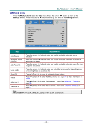 Page 38— 30— 
Settings 2 Menu  
Press the MENU button to open the OSD menu. Press the cursor ◄► button to move to the 
Settings 2 menu. Press the cursor ▲▼ button to move up and down in the Settings 2 menu.  
 
ITEM DESCRIPTION 
Auto Source Press the cursor ◄► button to enter and enable or disable automatic source 
detection.  
No Signal Power 
Off (min.) 
Press the cursor ◄► button to enter and enable or disable automatic shutdown of 
lamp when no signal.  
Auto Power On Press the cursor ◄► button to enter and...