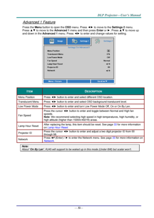 Page 40— 
32 —  Advanced 1 Feature 
Press the 
Menu button to open the OSD  menu. Press ◄► to move to the  Settings 2 menu. 
Press ▲▼ to move to the  Advanced 1 menu and then press  Enter or ►. Press ▲▼ to move up 
and down in the  Advanced 1 menu. Press ◄► to  enter and change values for setting.  I TEM   D ESCRIPTION  
Menu Position   Press   ◄► button to   enter and select different OSD location.  
Translucent Menu   Press ◄► button to   enter and select OSD background translucent level. 
Low Power Mode...