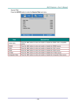 Page 52— 44— 
Source Filter 
Press the ENTER button to enter the Source Filter sub menu. 
 
ITEM DESCRIPTION 
HDMI1/MHL Press the ◄► buttons to enter and enable or disable the HDMI1/ MHLJcompatible 
sourceK 
eDMI2 Press the ◄► buttons to enter and enable or disable the HDMIO sourceK 
VGA1 Press the ◄► buttons to enter and enable or disable the VGA1 source. 
VGA2  Press the ◄► buttons to enter and enable or disable the VGA2 source. 
pJVideo Press the ◄► buttons to enter and enable or disable the SJVideo sourceK...