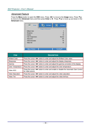 Page 33— 24 — 
Advanced Feature 
Press the Menu button to open the OSD menu. Press ◄► to move to the Image menu. Press ▼▲ 
to move to the Advanced menu and then press Enter or ►. Press ▼▲ to move up and down in the 
Advanced menu. 
 
ITEM DESCRIPTION 
Brilliant Color Press the cursor ◄► button to enter and adjust the Brilliant Color valueK 
Sharpness Press the cursor ◄► button to enter and adjust the display sharpnessK 
Gamma Press the cursor ◄► button to enter and adjust the gamma correction of the displayK...