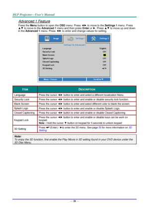 Page 37— 28 — 
Advanced 1 Feature 
Press the Menu button to open the OSD menu. Press ◄► to move to the Settings 1 menu. Press 
▲▼ to move to the Advanced 1 menu and then press Enter or ►. Press ▲▼ to move up and down 
in the Advanced 1 menu. Press ◄► to enter and change values for setting. 
 
ITEM DESCRIPTION 
Language Press the cursor ◄► button to enter and select a different localization MenuK 
Security Lock  Press the cursor ◄► button to enter and enable or disable security lock functionK 
Blank Screen Press...