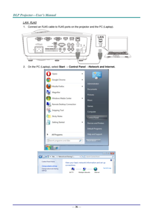 Page 45— 36 — 
LAN_RJ45 
1. Connect an RJ45 cable to RJ45 ports on the projector and the PC (Laptop). 
 
2. On the PC (Laptop), select Start → Control Panel →Network and Internet. 
 
   