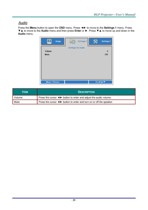 Page 37– 29 – 
Audio 
Press the Menu button to open the OSD menu. Press ◄► to move to the Settings 1 menu. Press 
▼▲ to move to the Audio menu and then press Enter or ►. Press ▼▲ to move up and down in the 
Audio menu. 
 
ITEM DESCRIPTION 
Volume Press the cursor ◄► button to enter and adjust the audio volume.  
Mute Press the cursor ◄► button to enter and turn on or off the speaker. 
  