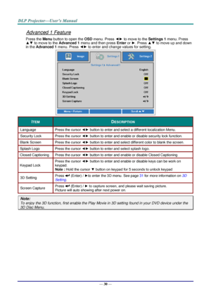 Page 38— 30 — 
Advanced 1 Feature 
Press the Menu button to open the OSD menu. Press ◄► to move to the Settings 1 menu. Press 
▲▼ to move to the Advanced 1 menu and then press Enter or ►. Press ▲▼ to move up and down 
in the Advanced 1 menu. Press ◄► to enter and change values for setting. 
 
ITEM DESCRIPTION 
Language Press the cursor ◄► button to enter and select a different localization MenuK 
Security Lock  Press the cursor ◄► button to enter and enable or disable security lock functionK 
Blank Screen Press...